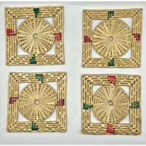 Vintage Hot Pad Trivets Set Of 4 Woven Wicker Straw Rattan Raffia Square 7” X 7”